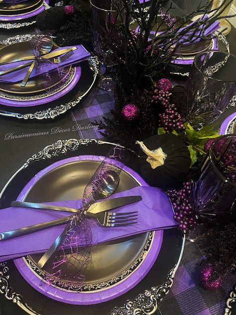 Purple Black Party Theme, Black And Purple Wedding Reception, Black Purple Wedding Decor, Halloween Wedding Ideas Purple And Black, Black And Purple Table Decor, Black And Purple Wedding Theme Receptions, Purple Place Settings, Black And Purple Goth Wedding, Black And Purple Themed Wedding