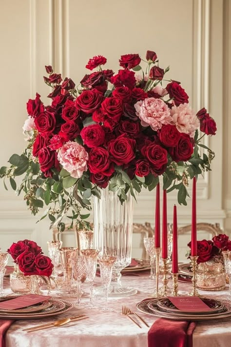 Pink And Red Floral Centerpieces, Long Stem Roses Centerpiece, Burgundy Aisle Flowers, Red Floral Centerpieces Wedding, Pink Red Table Setting, Red Roses Table Decor, Valentines Centerpieces Table, Red And Pink Wedding Flowers, Red Rose Bridal Shower