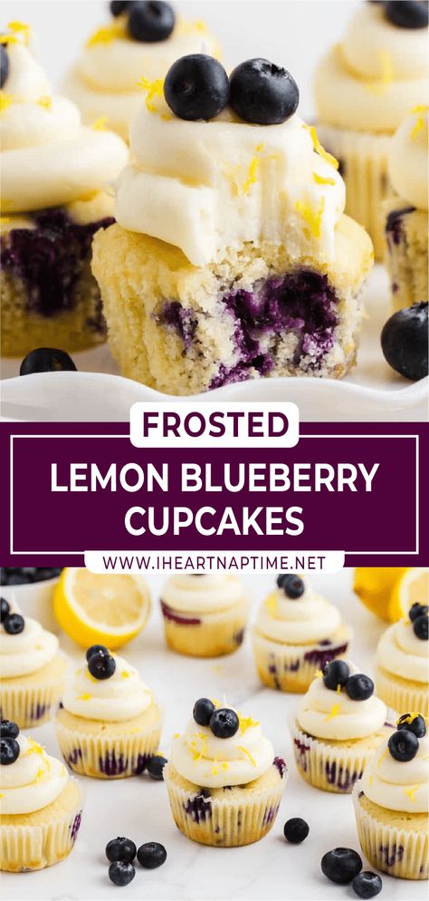 Lemon Cupcake Filling, Blueberry Cupcakes Recipe, Lemon Blueberry Cupcakes, Cupcakes Filled, Blueberry Cupcakes, Spring Dessert, Lemon Cream Cheese Frosting, Berry Recipes, Lemon Cream Cheese