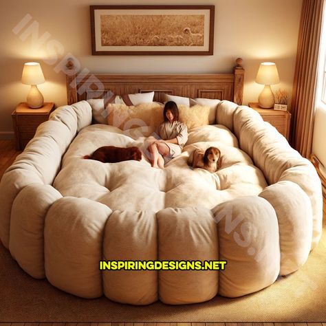 These Giant Dog Beds for Humans Offer a Plush Retreat for You and Your Pooches Giant Round Bed, Human Sized Dog Bed, Dog Bed Next To Human Bed, Pet Beds Diy, Dog Bedroom Ideas, Dog Spaces In House, Dog Bedroom Decor, Giant Dog Bed, Creative Dog Bed