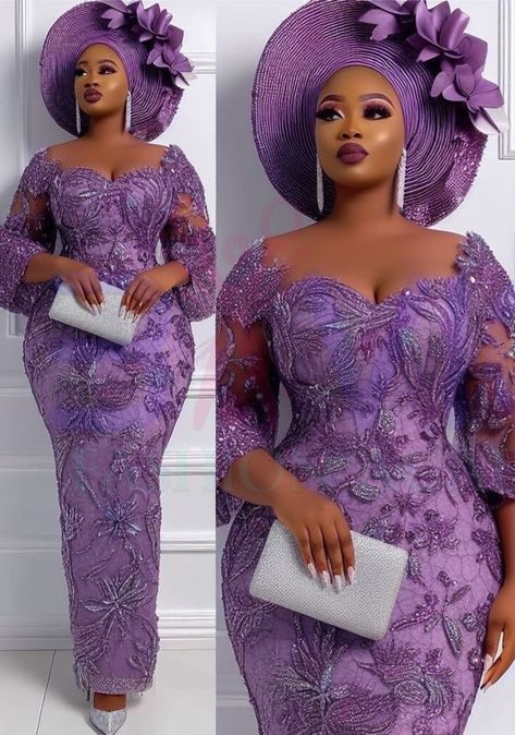 Lace Styles Asoebi, Onion Purple Lace Asoebi Styles, Short Gown Styles, Owanbe Styles For Lace, Lace Styles For Wedding Guest, Cord Lace Gown Styles, Lace Gown Styles Aso Ebi, Asoebi Styles Lace, Lace Styles For Wedding