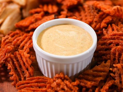 Sweet Curry Dip Recipe | Katie Lee Biegel | Food Network Potato Oven Recipes, Fry Board, Baked Sweet Potato Oven, Sweet Potato Snack, Red Pepper Dip Recipe, Potato Oven, Sweet Potato Snacks, Sweet Potato Oven, Curry Dip