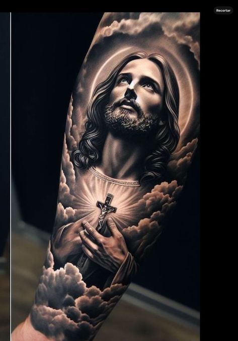 Catholic Sleeve Tattoo Men, Religious Forearm Tattoo, Religous Tattoo Arm Sleeve, Religious Tattoos Sleeve, Jesus Tattoo Men, Christian Tattoos For Men Sleeve, Jesus 3d Tattoo, Jesus Tattoo Design For Men, Christ Tattoos For Men