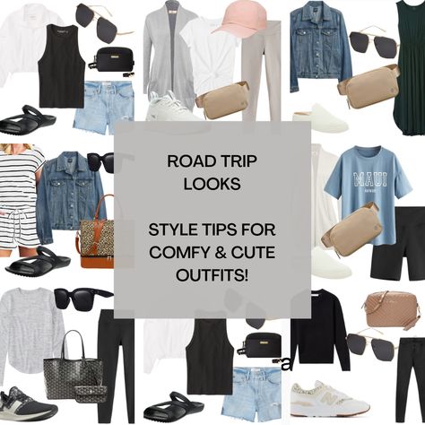 Casual Trip Outfits Summer, Mom Road Trip Outfit, Womens Road Trip Outfits, Comfy Road Trip Outfit Spring, Road Trip Outfit Ideas Casual, Cute Road Trip Outfits Fall, Outfit Ideas For Road Trips, Road Trip Outfit Fall Comfy, Summer Road Trip Aesthetic Outfits