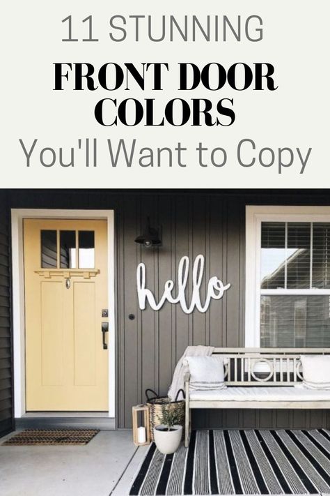 The best front door colors to add a ton of curb appeal to your home. Including blue, pink, black, yellow, orange and so much more! #frontdoorcolors Door Color For Black House, Grey House Front Door Color Ideas, Front Door Colors For Gray House, Fun Front Door Colors, Bright Front Door Colors, Yellow Front Door Colors, Fun Front Door, Coral Front Doors, Bold Front Door