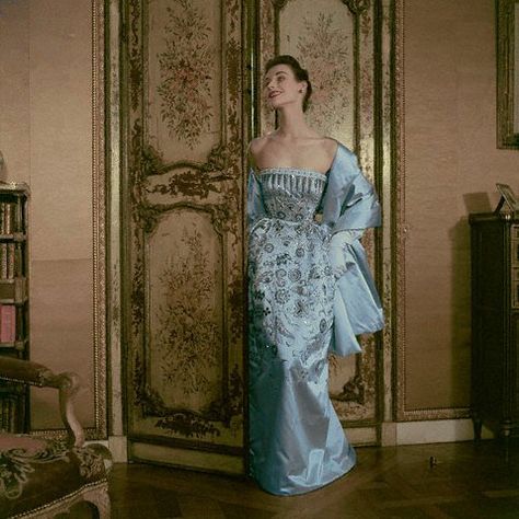 Dior ice-blue satin ball dress and stole, 1952 Photographed at Pavillon Colombe, the Duchesse of Tallyrand's house at St. Brice in France by Frances McLaughlin-Gill. Image by © Condé Nast Archive/Corbis| by skorver1 Christian Dior Gowns, Rock Dress, Dior Dresses, Dior Gown, Steampunk Couture, Dior Collection, Model Magazine, Dior Dress, Magazine Fashion