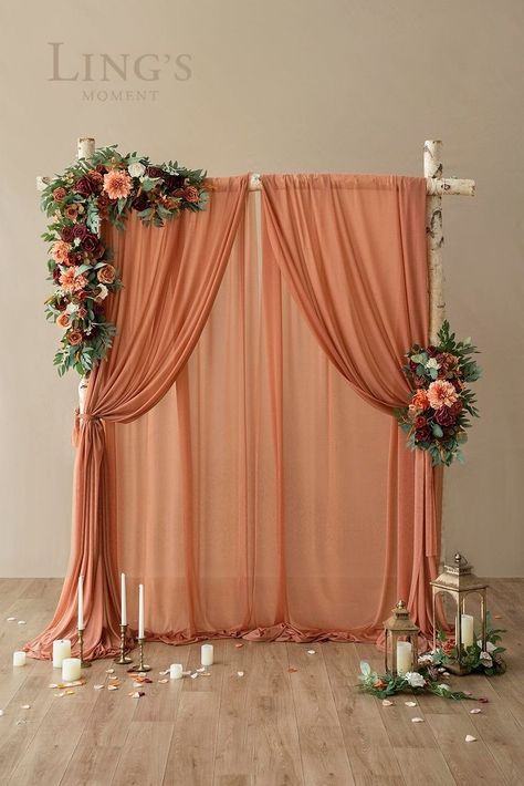 Hanging Drapery Wedding, Wedding Backdrop With Fairy Lights, Wood Wedding Arch With Draping, Wedding Backdrop With Curtains, Beautiful Backdrops For Weddings, Unique Wedding Backdrop Receptions, Fall Themed Bridal Shower Ideas Decor, Aesthetic Backdrop Ideas, Simple Backdrop Ideas Diy