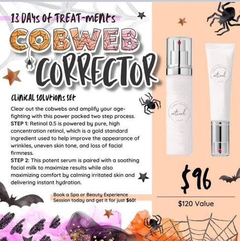 Get your Cobweb Corrector for the Spooky Season. Mary Kay 13 Days Of Treat-ments, Mary Kay Retinol, Mary Kay Halloween, Mary Kay Facial, Mary Kay Holiday, Mary Kay Gifts, Timewise Repair, Mary Kay Marketing, Mary Kay Consultant