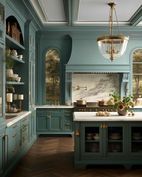 The Colour Green, French Country Kitchens, Farmhouse Kitchen Design, Big Kitchen, Colour Theory, Luxury Kitchen Design, Kitchen Inspiration Design, Vintage Kitchen Decor, Beautiful Kitchen