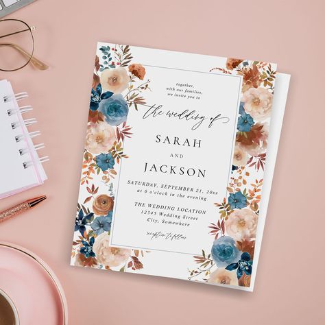 Dusty Blue And Rust Wedding, Blue Line Wedding, Wedding Color Schemes Summer, Wedding April, Orange Wedding Invitations, Rusting Wedding, Blue Floral Wedding, Blue Invitation, Blue Themed Wedding