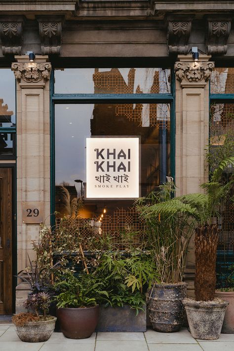 Khai Khai Restaurant Design - Run For The Hills Restaurant Signage Design, Brass Bar Stools, Restaurant Signage, Concave Mirrors, Regional Food, Hot Stones, Steel Lighting, Blackened Steel, Wayfinding Signage