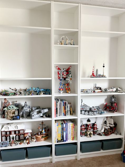 Ikea Billy Lego Storage, Lego And Book Display, Lego Display Bookcase, Lego Ikea Display, Billy Bookcase Lego Display, Lego Build Storage, Lego Bookshelf Display, Adult Lego Display, Display Lego Creations