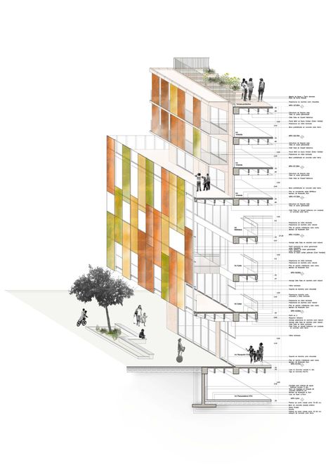 Architecture Facade Diagram, Hybrid Building Architecture, Panel Facade Architecture, Facade Panels Architecture, Section Diagram Architecture, Facade Presentation, Building Diagram, Hybrid Building, Detail Arsitektur