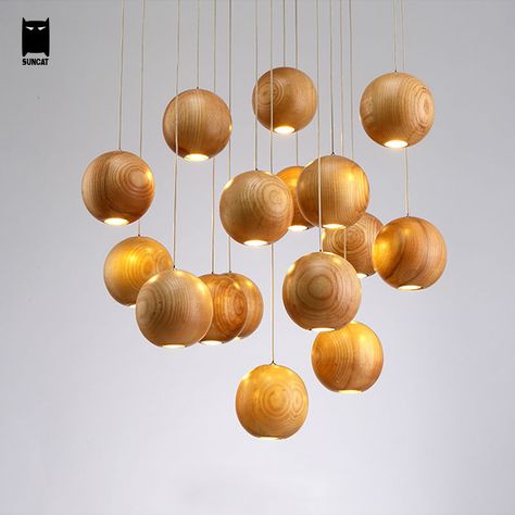 Nordic Living Room Decor, Sphere Pendant Light, Wood Pendant Lamps, Room Hanging Lights, Chandelier Creative, Restaurant Chandelier, Cluster Pendant Lighting, Ball Pendant Lighting, Wooden Chandelier