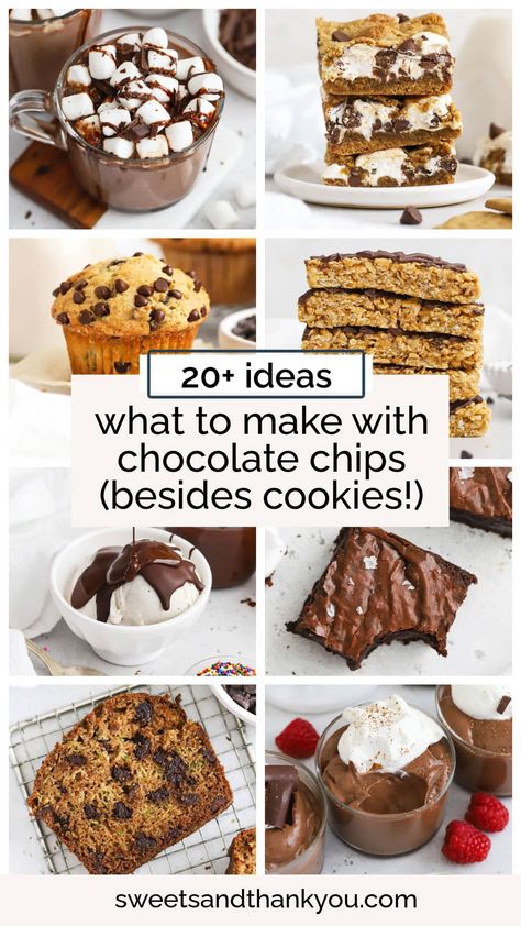 Have some chocolate chips on hand you need to use up? Here are 20+ recipes to make with chocolate chips besides cookies (though we also have some chocolate chip cookie, recipes, too!) These are great recipes to use chocolate chips and break out of a baking rut. From brownies and bars, to ice cream toppings, muffins, pudding, and more, there's a recipe for every occasion! What To Do With Chocolate Chips, What To Make With Chocolate Chips, What To Make With Chocolate, Chocolate Chip Desserts, Oatmeal Fudge Bars, Zucchini Cakes Recipe, Cookies With Chocolate Chips, Desserts With Chocolate Chips, Chocolate Covered Bananas