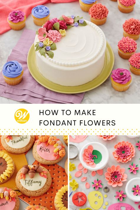 Fondant flowers are a fun and creative way to give life to your cakes and cupcakes. With this step-by-step guide, we’ll show you how to make easy fondant flowers, perfect for creating a garden of eatin’ at your next party or celebration! Easy Fondant Flowers, Easy Fondant Decorations, Easy Fondant Recipe, Crumb Coating A Cake, Easy Fondant, Creating A Garden, Fondant Cakes Birthday, Fondant Flower Cake, Fondant Recipe