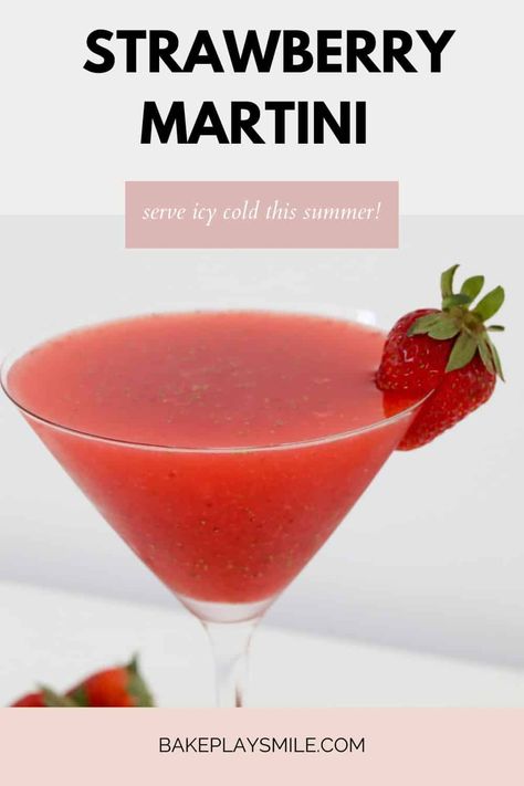 Made with just 4 ingredients, this fruity and refreshing Strawberry Martini made with strawberry puree and vodka is ready to enjoy in just 5 minutes! The perfect summer cocktail! #martini #strawberry #cocktail #vodka #summer #drinks Strawberry Puree Cocktail, Strawberry Martini Recipe Vodka, Vodka Strawberry Cocktail, Strawberry Simple Syrup Cocktails, Strawberry Puree Recipe For Drinks, Fruity Martini Recipes, Strawberry Martini Recipe, Strawberry Vodka Drinks, Fruity Martini