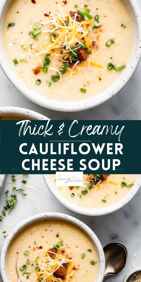 Creamy cauliflower cheese soup with cheddar and cream is a great healthy soup recipe. This healthy, easy recipe includes hidden vegetables for added nutrition. It is perfect for making ahead and freezing for later. Cauliflower Cheddar Soup, Cauliflower Cheese Soups, Cheesy Cauliflower Soup, Parmesan Soup, Cream Soup Recipes, Creamy Cauliflower Soup, Roasted Cauliflower Soup, Cheese Soup Recipes, Cauliflower Soup Recipes