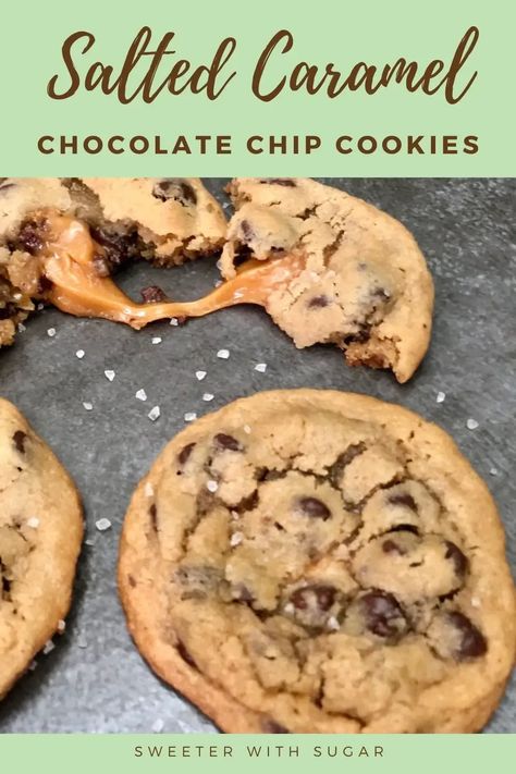 Salted Caramel Chocolate Chip Cookies are an easy and delicious dessert recipe you can make quickly. They use Pillsbury Cookie Dough to make them quick. #Pillsbury #PillsburyCookieDough #ChocolateChipCookies #SaltedCaramel #WerthersOriginalCaramels #SeaSalt #EasyDessertRecipes #Cookies #CookieRecipes #EasyCookies Pillsbury Chocolate Chip Cookies, Salted Caramel Chocolate Chip Cookies, Perfect Chocolate Chip Cookie Recipe, German Chocolate Cookies, Salted Caramel Cookies, Caramel Chocolate Chip Cookies, Cookies Gingerbread, Perfect Chocolate Chip Cookies, Salted Caramel Chocolate