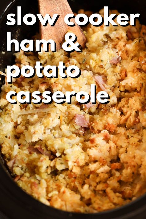 Our cheesy slow cooker ham and potato casserole is the ultimate comfort food. With hash browns, a creamy sauce, ham, and stuffing mix, you can throw it together in a matter of minutes and let it cook all day until you're ready to eat. Ham Casserole Crockpot, Cheesy Potatoes And Ham Crock Pot, Slow Cooker Ham Casserole Recipes, Ham And Stuffing Casserole, Ham And Potato Casserole Crockpot, Smoked Artichoke, Crockpot Entrees, Ham Potato Casserole, Crockpot Ham And Potatoes