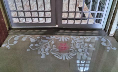 Used acrylic white paint to make this alpona for the entrance on the occasion of Kojagori Lokkhi Pujo Lokkhi Pujo Decoration, Border Alpona, Paint Rangoli, Bengali Alpona, Jhoti Design, Kolka Design, Very Easy Rangoli Designs, Alpona Design, Doll Miniatures