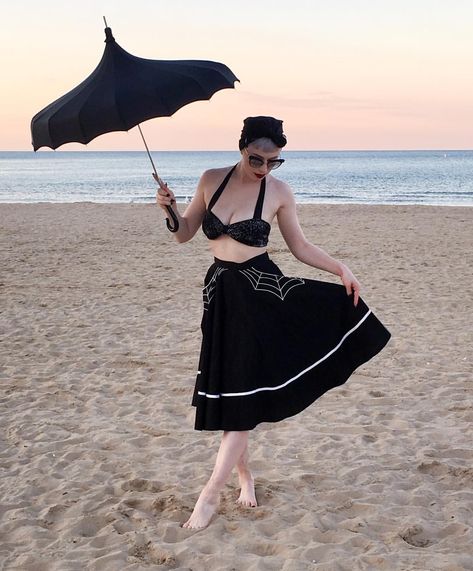 Hope I can scare a few more families on the beach before the summer ends 👻🕷☀️ 50s Beach, Summer Goth Outfits, Goth Pinup, Summer Goth, Thanks Everyone, Gothic Revival, Romantic Goth, Dark Outfits, Cruise Outfits