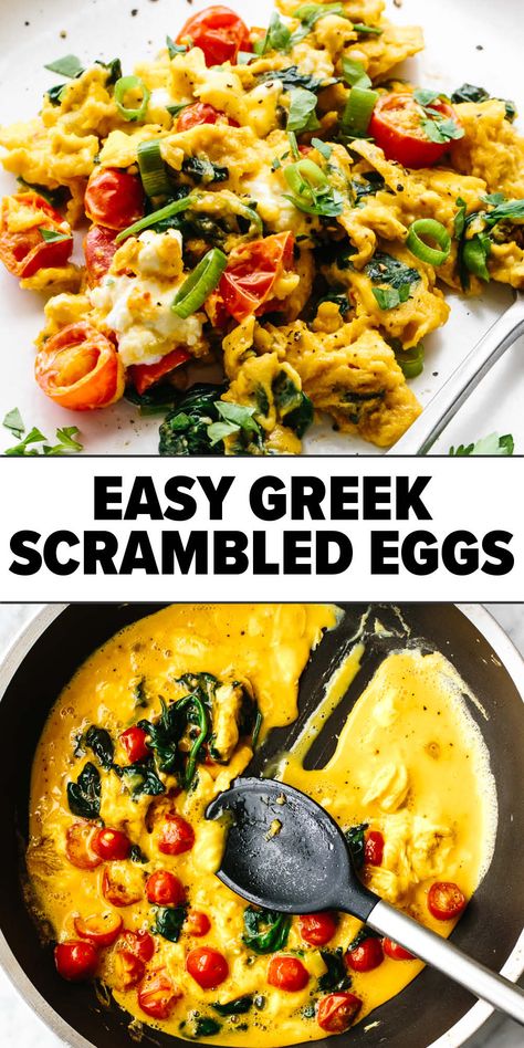 Greek scrambled eggs Quick Healthy Egg Recipes, Mediterranean Scrambled Eggs, Low Carb Eggs Breakfast, Brunch Scrambled Eggs, Greek Scrambled Eggs, Mediterranean Oatmeal Breakfast, Simple Breakfast Meal Prep, Meditarian Diet Recipes Breakfast, Scrambled Eggs Ideas