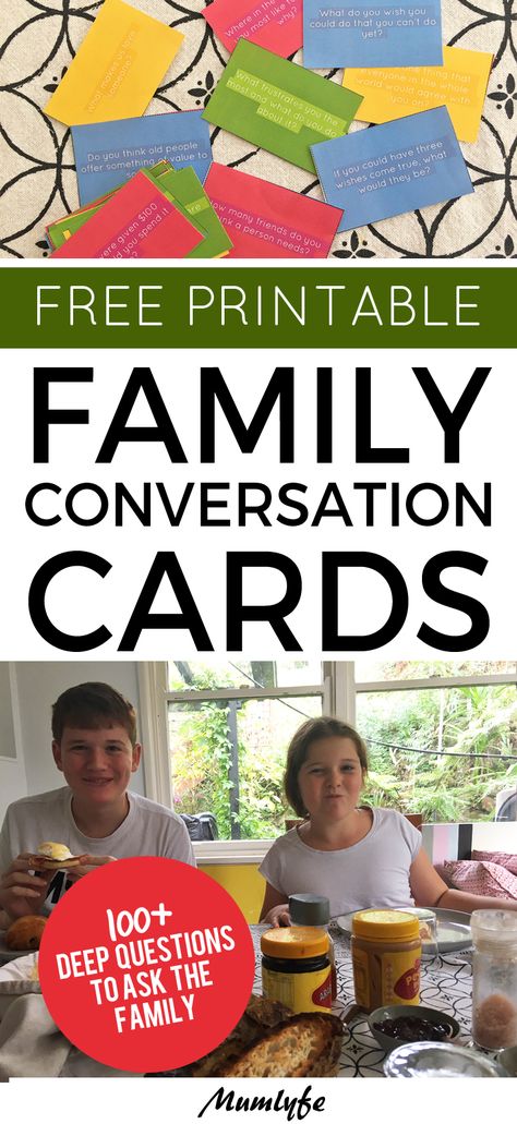 Family conversation cards - free printable Talking Point Cards, Conversation Cards For Kids, Family Conversation Cards, Inside Activities, Family Conversation Starters, Family Games For Kids, Conversation Starters For Kids, Family Ministry, Family Conversation