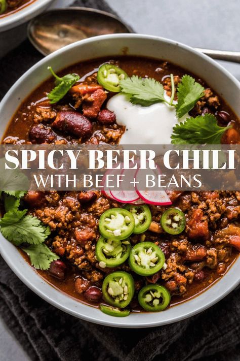 This is the BEST Beer Chili recipe! A hearty one-pot chili with beans that’s rich, spicy and perfect for game day. Make it on the stove, in a crock pot or instant pot. // slow cooker Chili With Beer Recipe Crock Pot, Whiskey Chili Recipe, 15 Bean Chili Crock Pot, Beer Chilli Recipes, Spicy Sausage Chili, Unique Chilli Recipes Crock Pot, Chilli No Beans Recipe, Unique Crockpot Chili, Beer Chili Recipe Crockpot