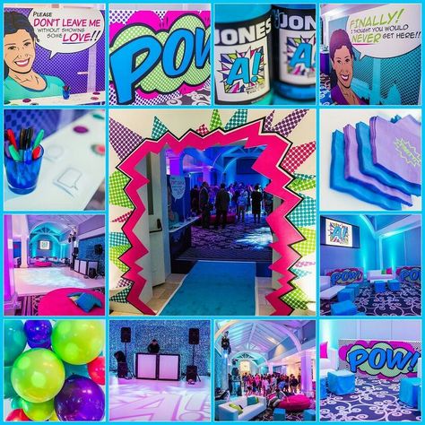 decoration ideas, i like the entry way and the big "pow" signs Pop Art Party Decoration, Pop Art Icons, Promotion Celebration, Pop Art Party, Bar Mitzvah Themes, Art Themed Party, Art Room Posters, Comic Party, Candy Pictures