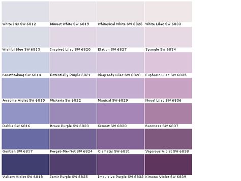 Sherwin Williams SW6812	White Iris  SW6813	Wishful Blue  SW6814	Breathtaking  SW6815	Awesome Violet  SW6816	Dahlia  SW6817	Gentian  SW6818	Valiant Violet  SW6819	Minuet White  SW6820	Inspired Lilac  SW6821	Potentially Purple  SW6822	Wisteria  SW6823	Brave Purple  SW6824	Forget-Me-Not  SW6825	Izmir Purple  SW6826	Whimsical White Sherwin Williams Purple Paint Colors, Lilac Paint Color, Lavender Paint Colors, Purple Paint Color, Sherwin Williams Paint Gray, Lilac Paint, Purple Paint Colors, Lavender Paint, Paint Color Chart