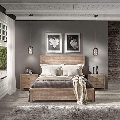 Rustic Platform Bed Frame with Headboard Offers Classic Style and Contemporary Function. Solid Wood Queen Size Panel in Distressed Driftwood Creates Timeless Feel | Farmhouse Decor Bedroom Furniture Grey Wooden Bed Frame, Grey Green Bedrooms, Bedroom Wall Panel, Wall Panel Designs, Bedroom Inspirations For Small Rooms, Rustic Platform Bed, Wooden Bed Frame Rustic, Farmhouse Decor Bedroom, Wall Panels Bedroom