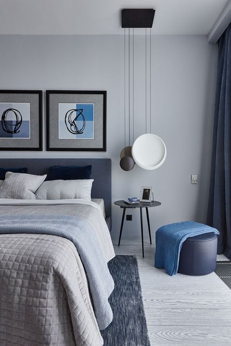 Blue Bedroom Interior Design, Bedroom Color Inspirations, Blue And Grey Bedroom Decor, Bedroom Wall Design Ideas, Blue Room Ideas, Blue Bedroom Interior, Gray Bedroom Decor, Modern Bedroom Colors, Blue Gray Bedroom