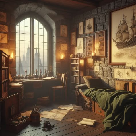 Medieval Interior Concept Art, Fantasy Apartment Concept Art, Fantasy House Interior Concept Art, Medieval Bedroom Art, Dnd Living Room, Dnd Room Interior Design, Fantasy Room Concept Art, Dnd Bedroom, Fantasy Bedroom Art