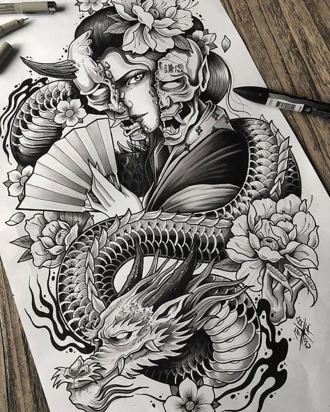 Hannya Maske Tattoo, Tato Geisha, Tattoo Colour, Geisha Tattoo Design, Tato Naga, Dragon Tattoo Art, Black Art Tattoo, Samurai Tattoo Design, Geisha Tattoo