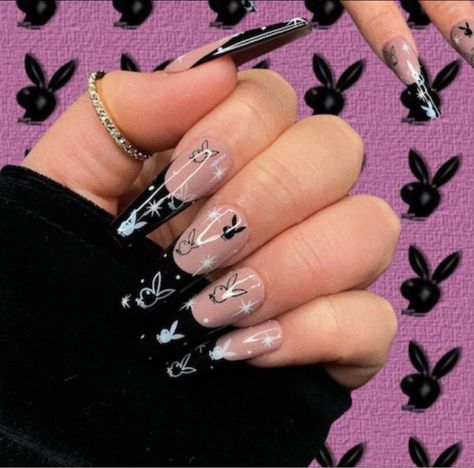 Black Play Boy Nails, Playboy Bunny Nail Design, Bunnies Nails, Play Boy Nails, Nude French Tip, Nail Goals, August Nails, Light Blue Nails, Bunny Nails