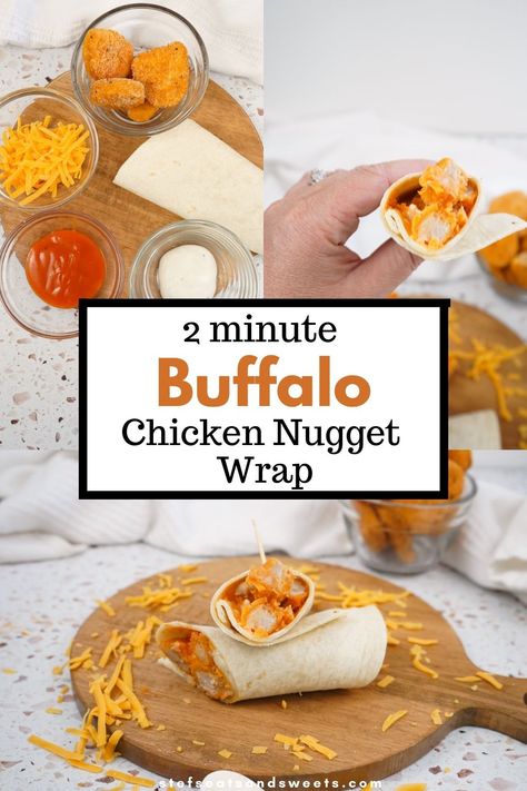 2 Minute Buffalo Chicken Nuggets Wrap | Looking for a quick and easy lunch idea? If you have chicken nuggets at home, make these! #chickennuggets #buffalochickenwraps #lunch Chicken Nugget Wrap Ideas, Chicken Nugget Wrap Recipe, Chicken Nugget Lunch Ideas, Chicken Nugget Meal Ideas, Chicken Nugget Wrap, Buffalo Chicken Nuggets, Easy Lunch Idea, Kids Packed Lunch, Frozen Chicken Nuggets