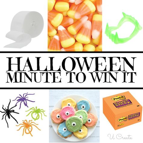 One of our very favorite games to play at parties is Minute To Win It and I thought it would be... Games Halloween, Halloween Class Party, School Halloween Party, Minute Games, Easy Halloween Party, Casa Halloween, Minute To Win It Games, Halloween Classroom, Minute To Win