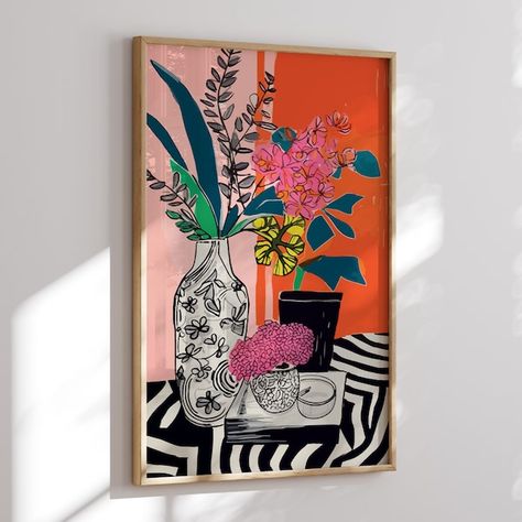 LeCateauArt - Etsy Flower Vase Art, Trendy Art Prints, Painting Girl, Abstract Art Poster, Girl Room Decor, Matisse Inspired, Flowers Illustration, Abstract Flower Art, Colourful Abstract