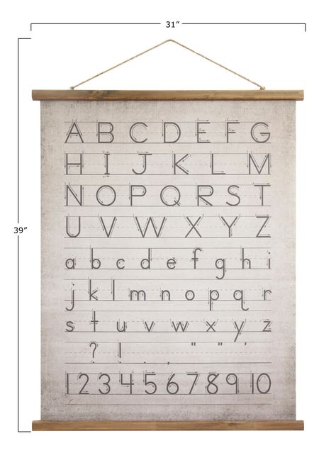 "Buy the Alphabet & Numbers Wall Hanging at Michaels. com. Hang this wall hanging in your kitchen, child's bedroom or classroom will welcome this classic scroll. Hang this wall hanging in your kitchen, child's bedroom or classroom will welcome this classic scroll. This is how every child use to practice their printing skills with exact positioning between the solid and dotted lines. Details: 31\" x 39\" Wood and linen canvas For indoor use only | Alphabet & Numbers Wall Hanging By Hello Honey | Upstairs Playroom, Nurseries Ideas, Scroll Wall Decor, Homeschool Wall, Sunset Street, Neutral Nurseries, Fun Room, Learning Board, Big Kids Room