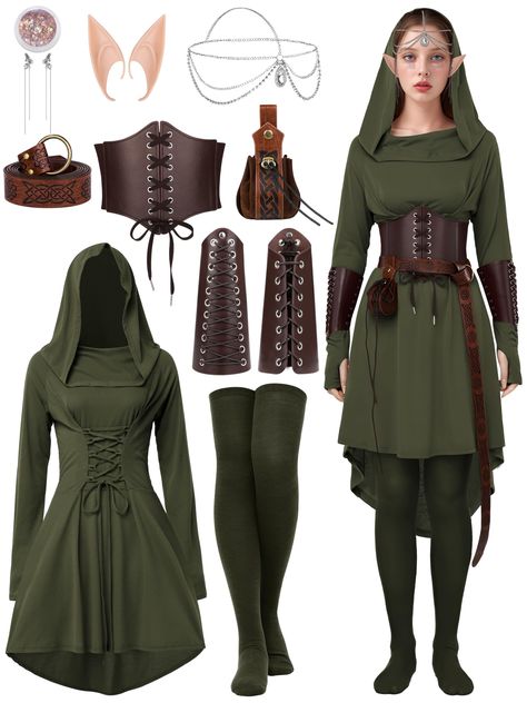 PRICES MAY VARY. Medieval Renaissance Costumes: This meticulous collection includes: 1 hooded dress, 1 elastic corset, 1 belt, 1 pair of leather gloves, 1 leather pouch, 1 pair of long socks, 1 pair of elf ears, 1 elf headpiece, 1 pair of earrings, and 1 face glitter set—totaling 10 intricate pieces. Beautifully designed to meet your renaissance costume and cosplay needs for parties and events. Premium Materials: Crafted primarily from polyester and spandex, the middle ages’ renaissance costume Forest Elf Costume Women, Forest Elf Costume, Woodland Elf Costume, Forest Druid, Elf Headpiece, Ren Faire Outfits, Fairy Costumes, Elf Dress, Face Glitter