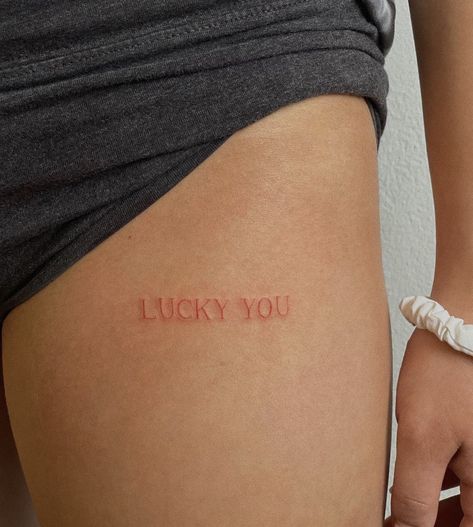 Red Ink Tattoo Words, Tattoo Words Design, Fairy Wing Tattoos, Handwriting Tattoos, Secret Tattoo, Lower Back Tattoo, Lucky Tattoo, Couple Matching Tattoo, Cursive Tattoos