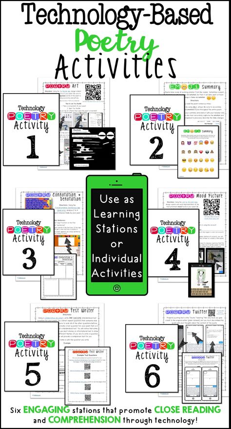 Technology-based poetry stations and poetry activities! Poetry Stations, Poetry Center, Poetry Activities, Poetry Ideas, Ela Teacher, Learning Technology, 9th Grade, Middle School English, English Classroom