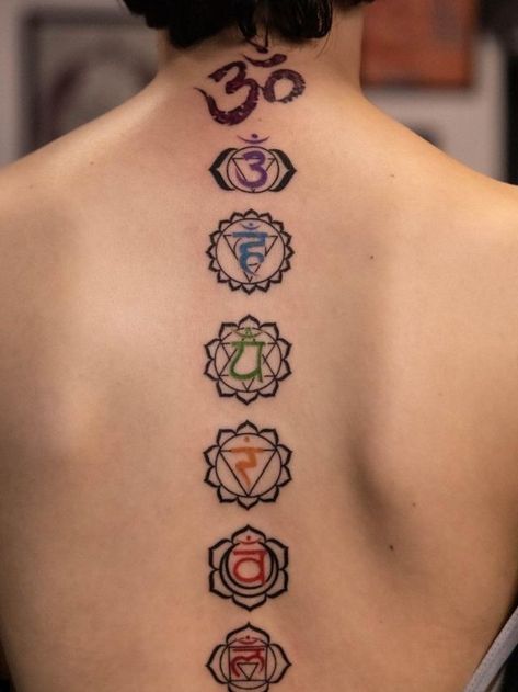 Seven Chakra Tattoo Design, Tantra Tattoo Symbols, Back Tattoo Chakra, Nek Tattoo Design, Seven Chakras Tattoo Design, Solar Plexus Tattoo, Seven Chakras Tattoo, Om Chakra Tattoo, Spiritual Awakening Tattoo