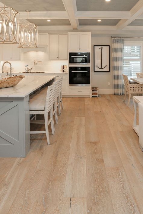 New England White Kitchen, Light Wood Floors White Kitchen, Kitchen With Wood Flooring, Kitchen Remodel Light Floors, Kitchen Inspo Light Floors, Lighter Flooring Ideas, Light Oak Floors Kitchen White Cabinets, Flooring In A White Kitchen, Light Colored Wood Floors Kitchen