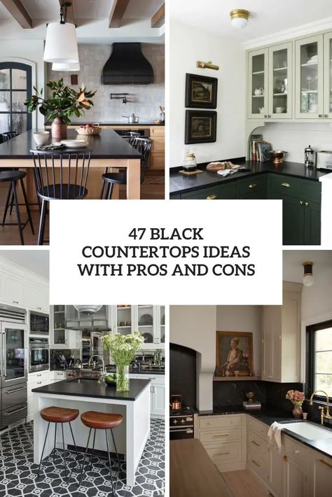 black countertops ideas with pros and cons cover Black Or White Countertops, Black Counters And Backsplash, Cabinet Color For Black Countertops, Black Countertops With White Cabinets, Black Countertops Kitchen Ideas, Black Countertops Backsplash Ideas, Black Counter Top Kitchen, Contrast Cabinets, Black Countertops Kitchen Color Schemes