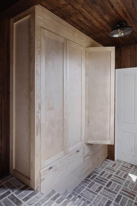 Coat Closet Cabinet, Diy Coat Cabinet, Diy Mudroom Cabinets, Diy Cupboard Doors, Cabinet Doors Diy, Building Cabinet Doors, Entryway Remodel, Diy Shaker Cabinet Doors, Diy Shaker Door