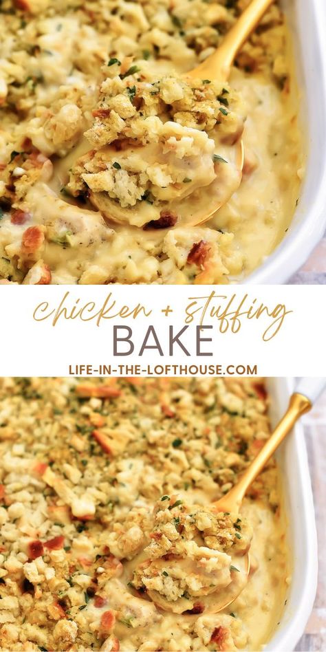 Layers of seasoned chicken, creamy soup and stuffing all come together in this delicious Chicken and Stuffing Bake! This recipe has been a family favorite for years. 16 Minute Meals Pioneer Woman, Come Sit At My Table Recipes, Chicken And Stuffing Bake, Stuffing Bake, Chicken Stuffing Casserole, Chicken And Stuffing, Chicken Stuffing, Cooked Chicken Recipes, Stuffing Casserole