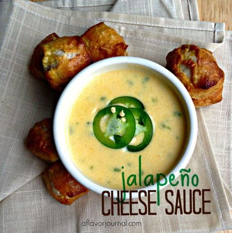 jalapeño cheese sauce. - A Flavor Journal Beer Cheese Soup Recipes, Pretzel Cheese, Jalapeno Sauce, Beer Cheese Soups, Cheddar Cheese Sauce, Hot Cheese, Spicy Cheese, Jalapeno Cheese, Nacho Cheese Sauce