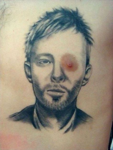 Radiohead Tattoo, Tattoos Gone Wrong, British Tattoo, Kylie Jenner Piercings, Horrible Tattoos, Terrible Tattoos, Fan Tattoo, Tattoo Fails, Thom Yorke